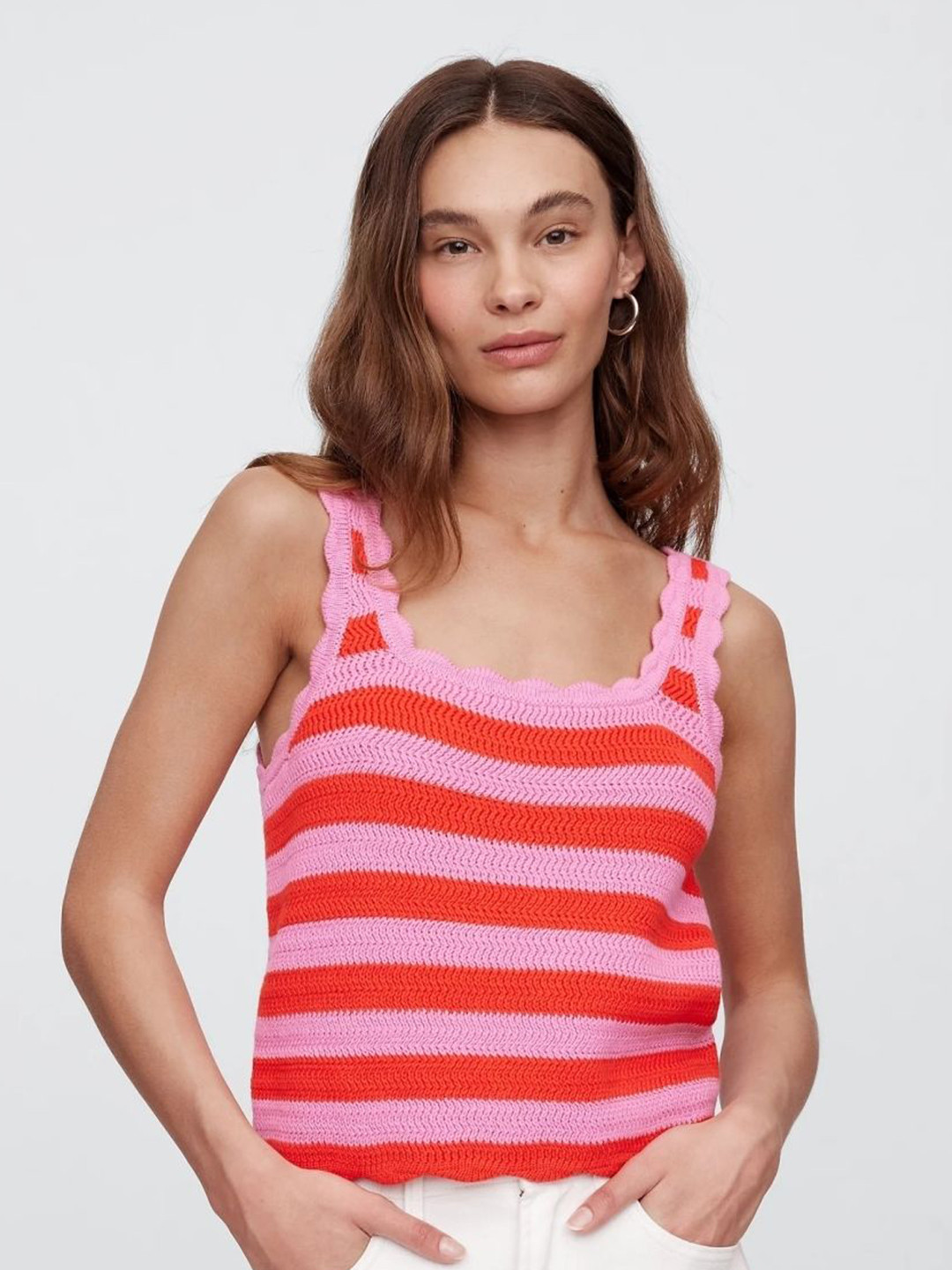 GAP Women Crochet Striped Cotton Regular Fit Top
