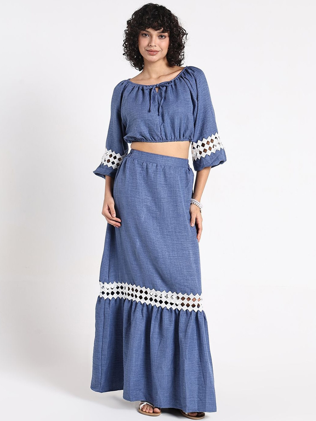 SHOWOFF Women Blue Cotton Blend Crochet Top & Skirt Co-Ords Set