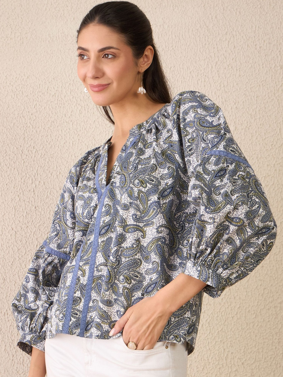 DELAN Women Bishop Sleeves Ethnic Cotton Top