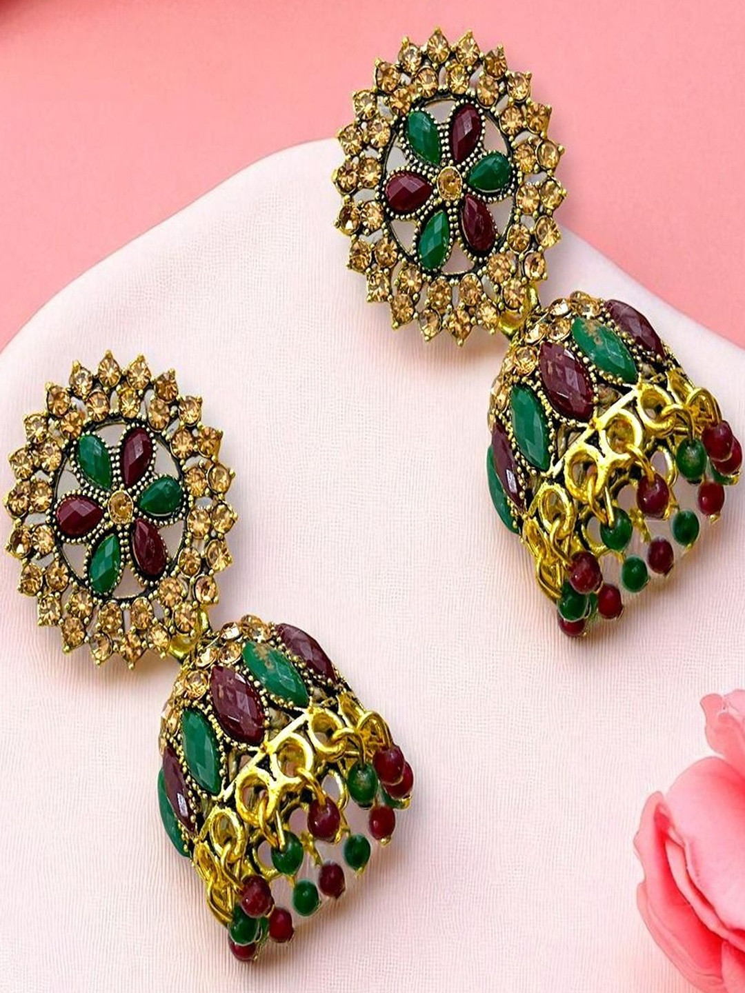 AccessHer Women Golden Red-Green Stone Alloy Dome Shaped Jhumkas Earrings