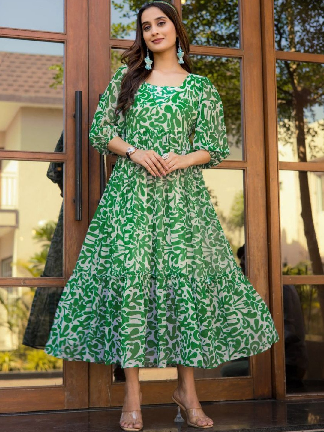 VenderVilla Printed Puff Sleeve Fit & Flare Midi Dress