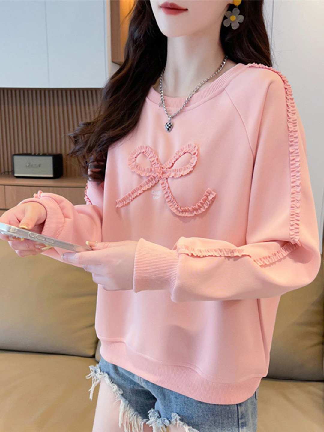 bebe Women Solid Cotton Bow Applique Sweatshirt