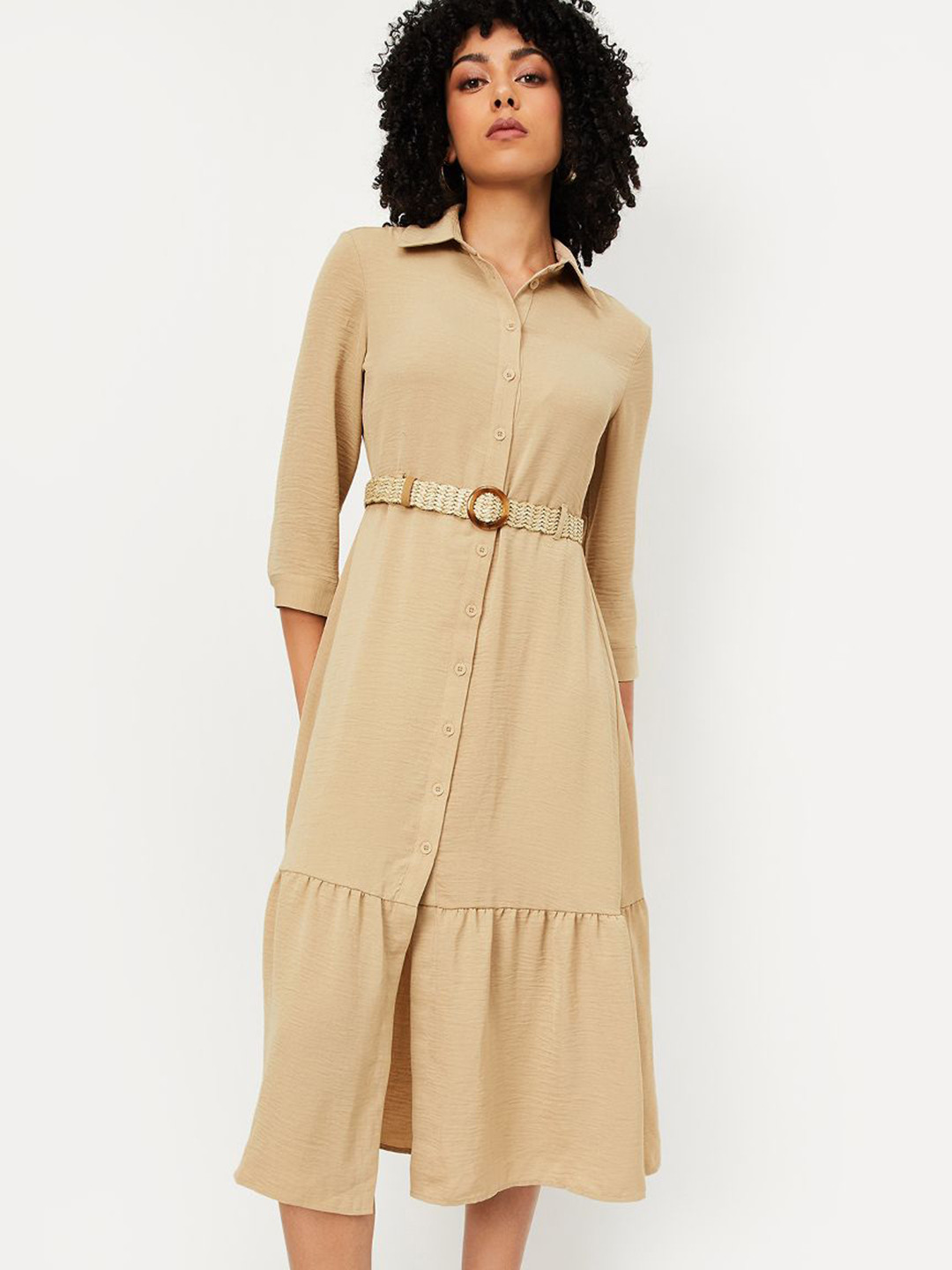 max Women Tiered Shirt Midi Dress With Belt