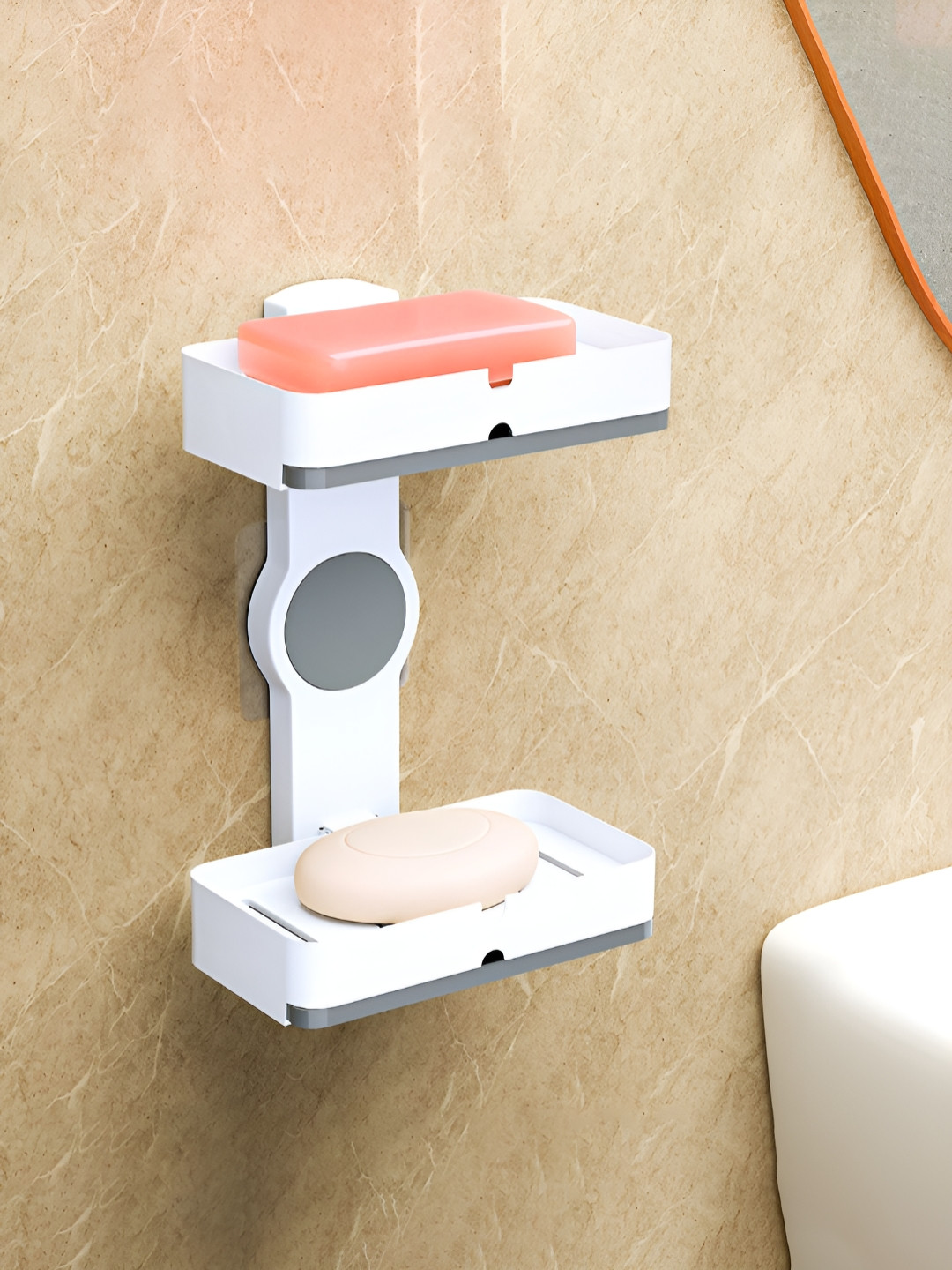 Aura White & Grey Self-Adhesive Double Layers Soap Holder with Drain Tray