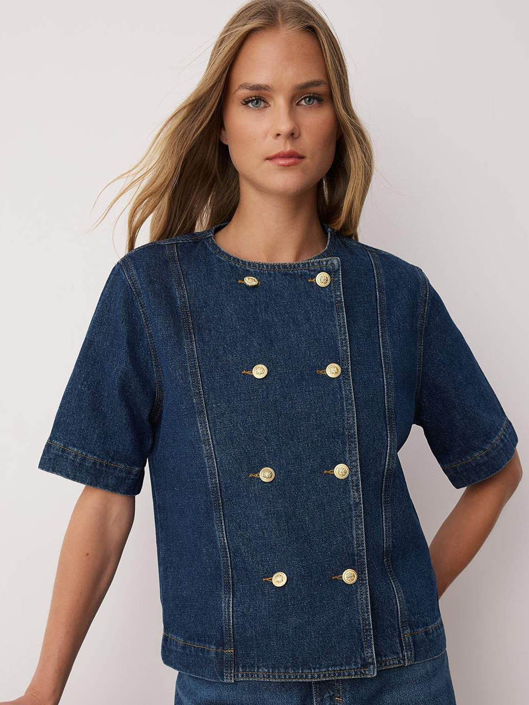 Trendyol Round Neck Pure Cotton Crop Denim Jacket
