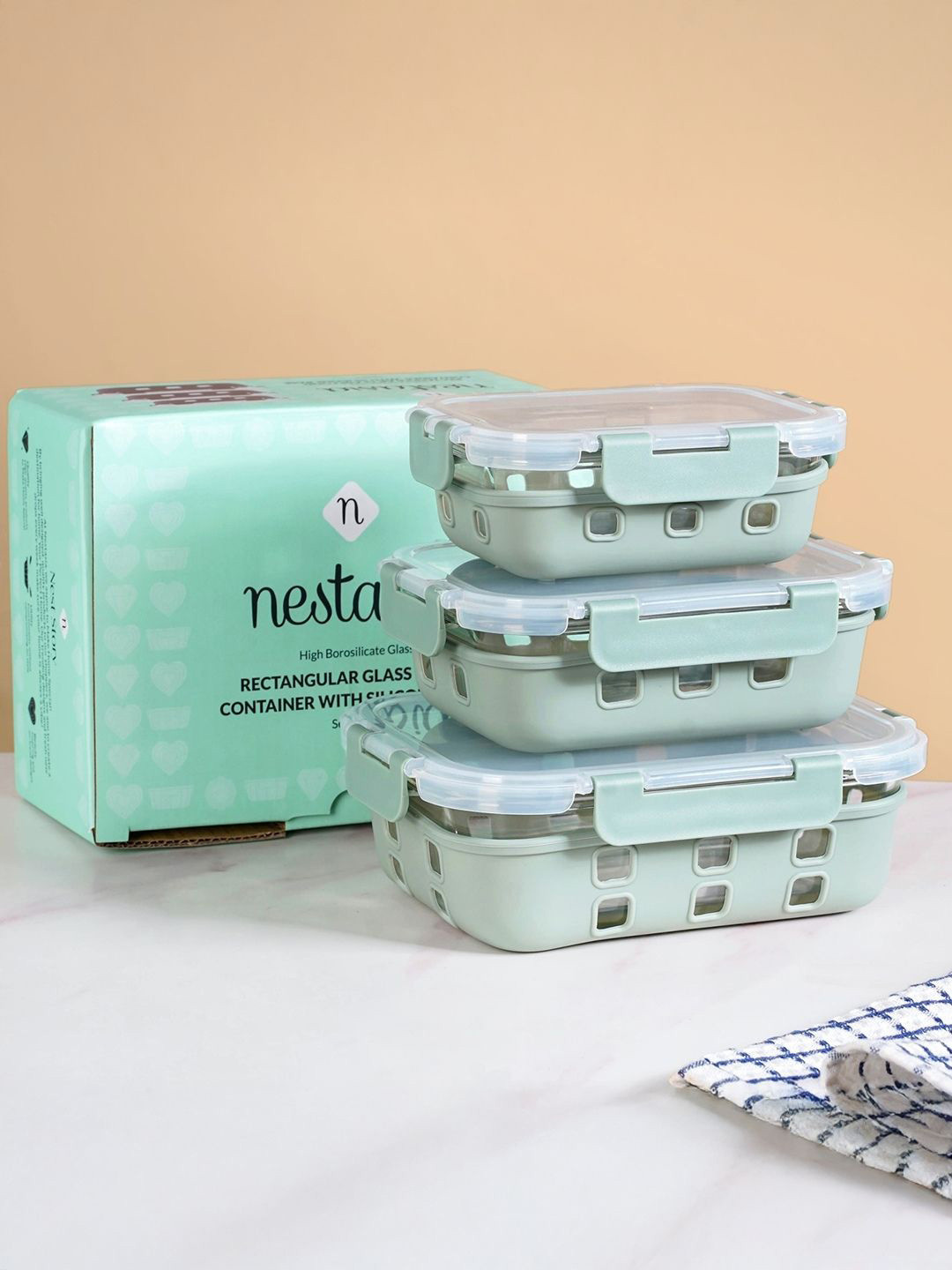 Nestasia Unisex Green 3 Pieces Rectangular Glass Containers
