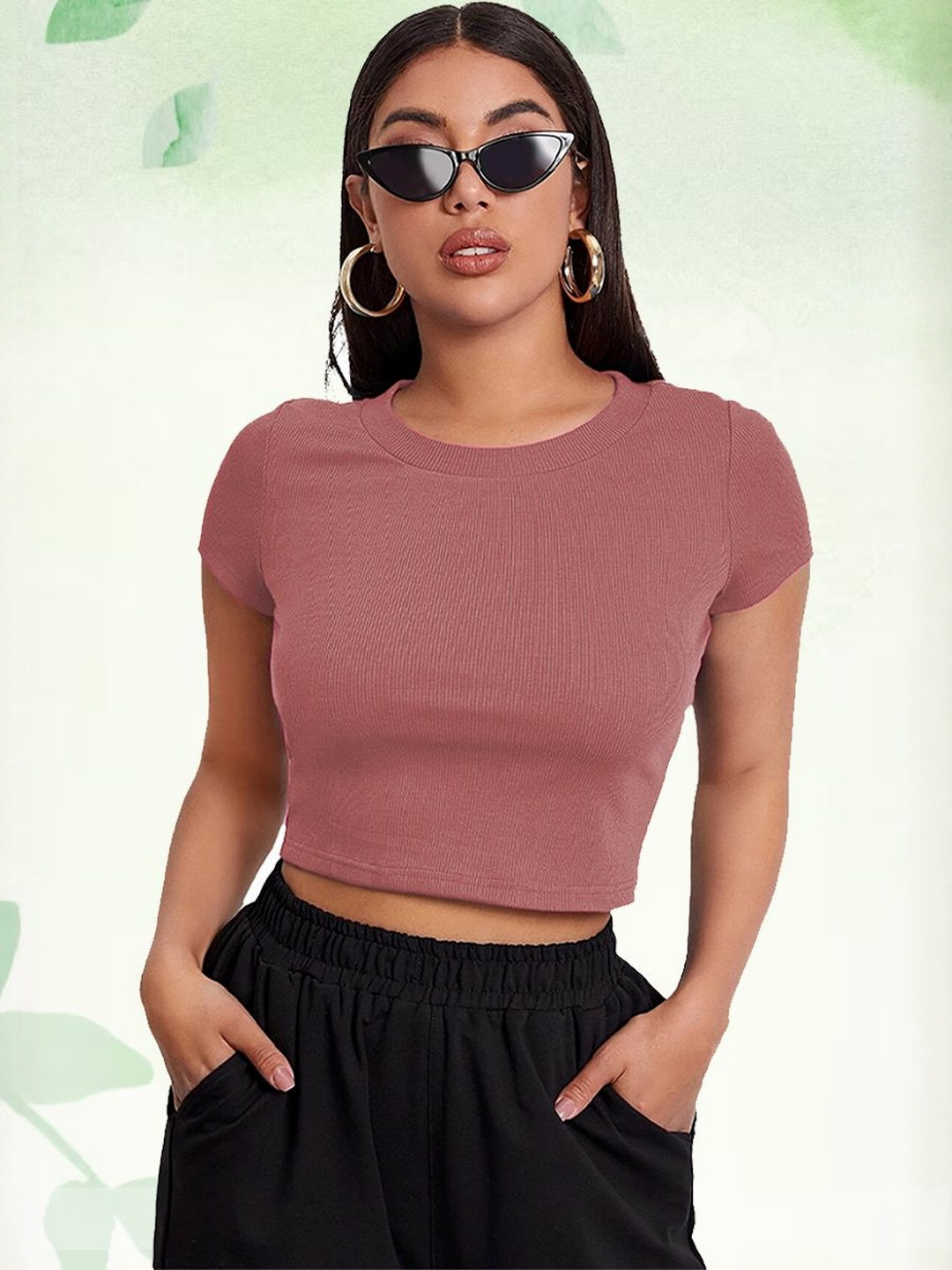 SSTAIR Women Ribbed Short Sleeves Fitted Crop Top