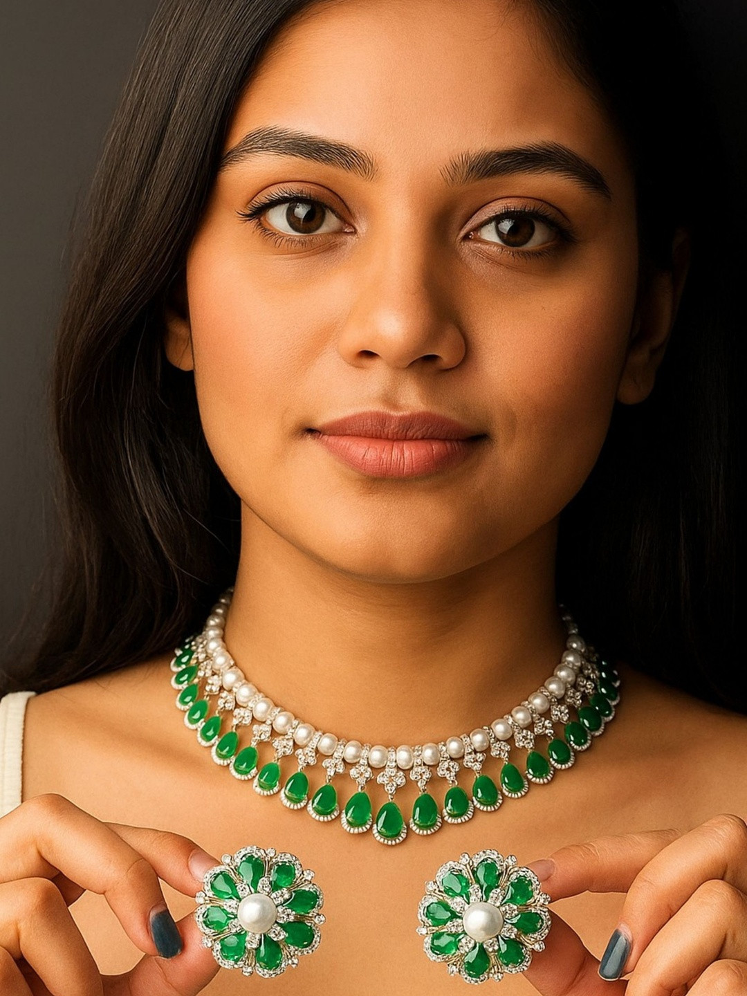 MANSIYAORANGE Rhodium-Plated Cubic Zirconia & Emarald Studded Necklace And Earrings