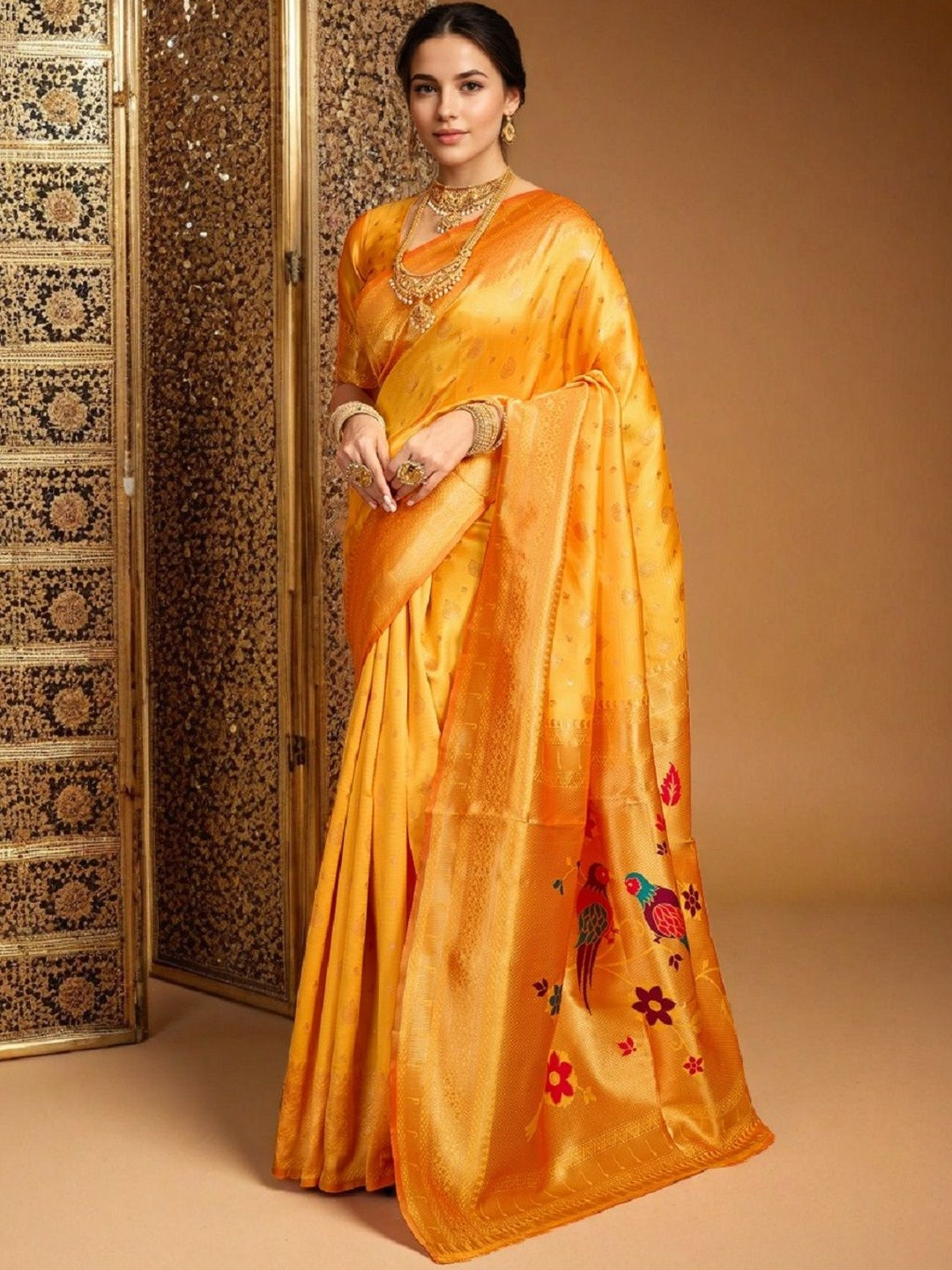 Suha Women Yellow Art Silk Solid Ethnic Saree And Unstitched Blouse Piece