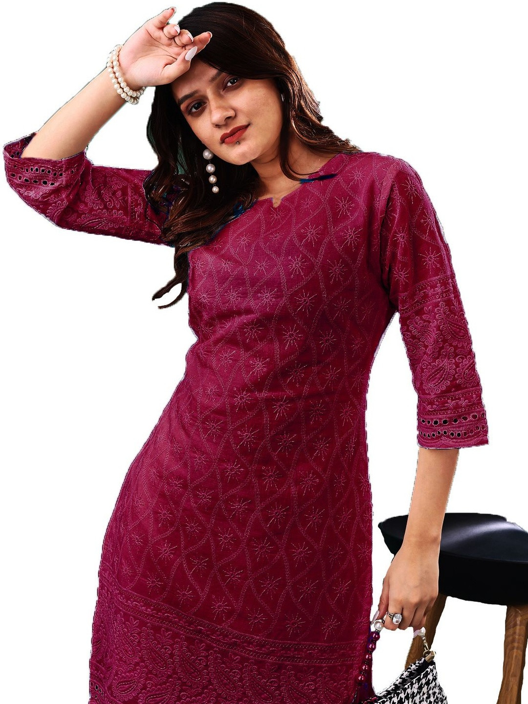 ZAZADIYA ENTERPRISE Women Maroon Embroidered Chikankari Pure Cotton Kurti