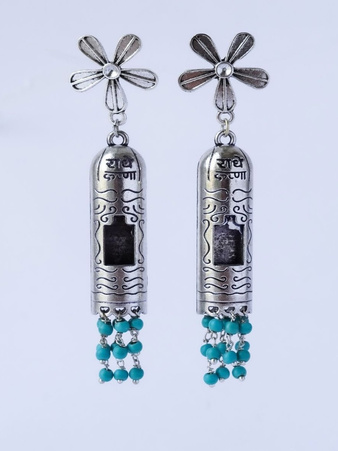 Shrim jewels Brass-Plated Turquoise Beaded Floral Shaped Drop Earrings