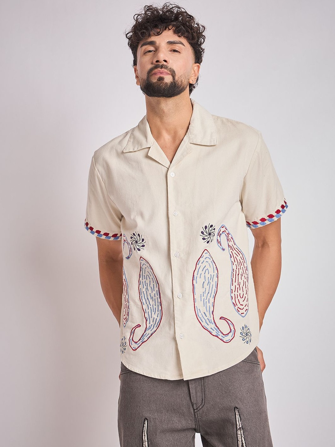FUGAZEE Beige & Blue Paisley Embroidery Pure Cotton Casual Shirt