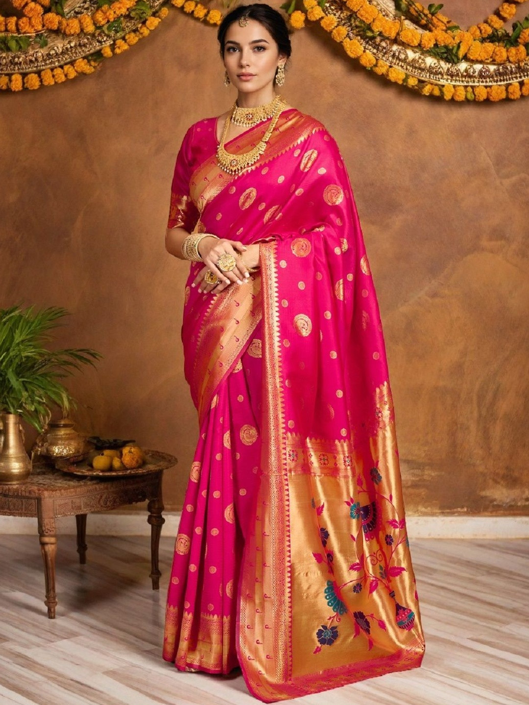 Suha Floral Women Pin & Gold Zari Boarder Traditional Art Silk Saree