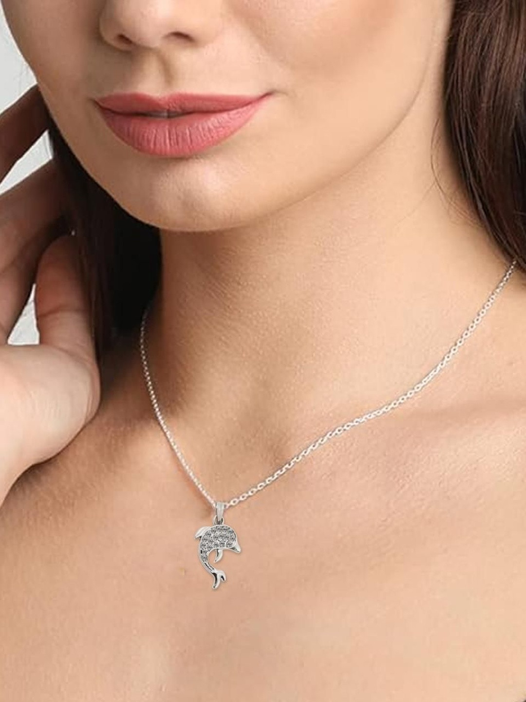 De-Ultimate Women Silver Stainless steel Cute Dolphin Cubic Zirconia Locket with Chain