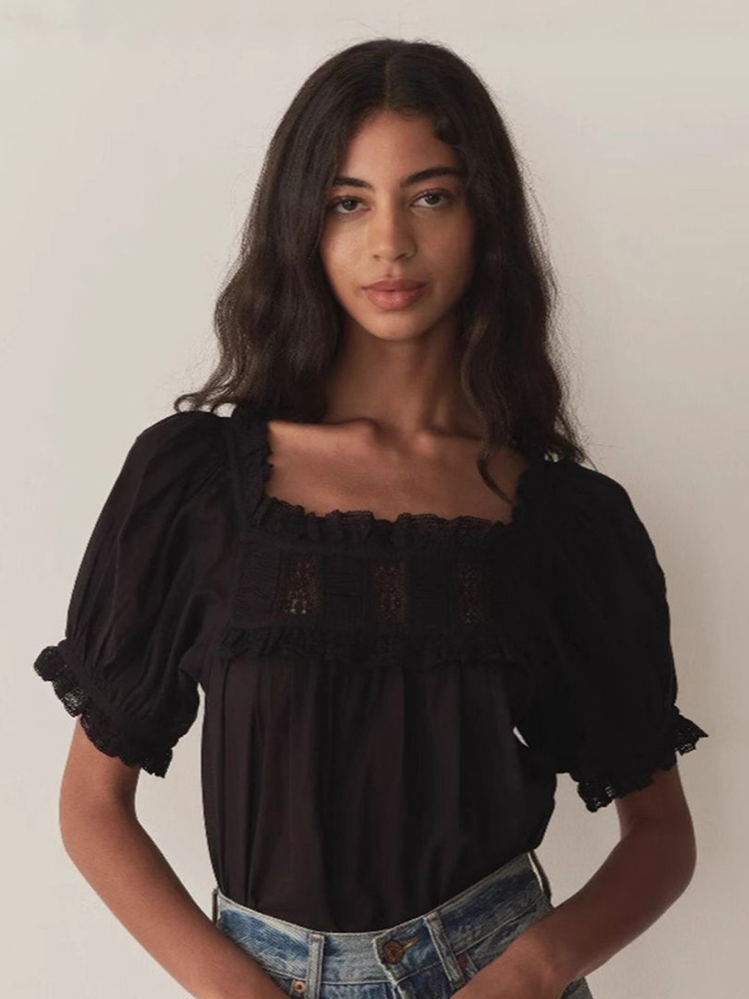 StyleCast Women Black Square Neck Puff Sleeve Top