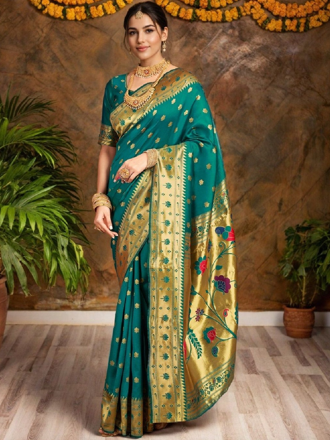 Suha Green Floral Art Silk Paithani Saree