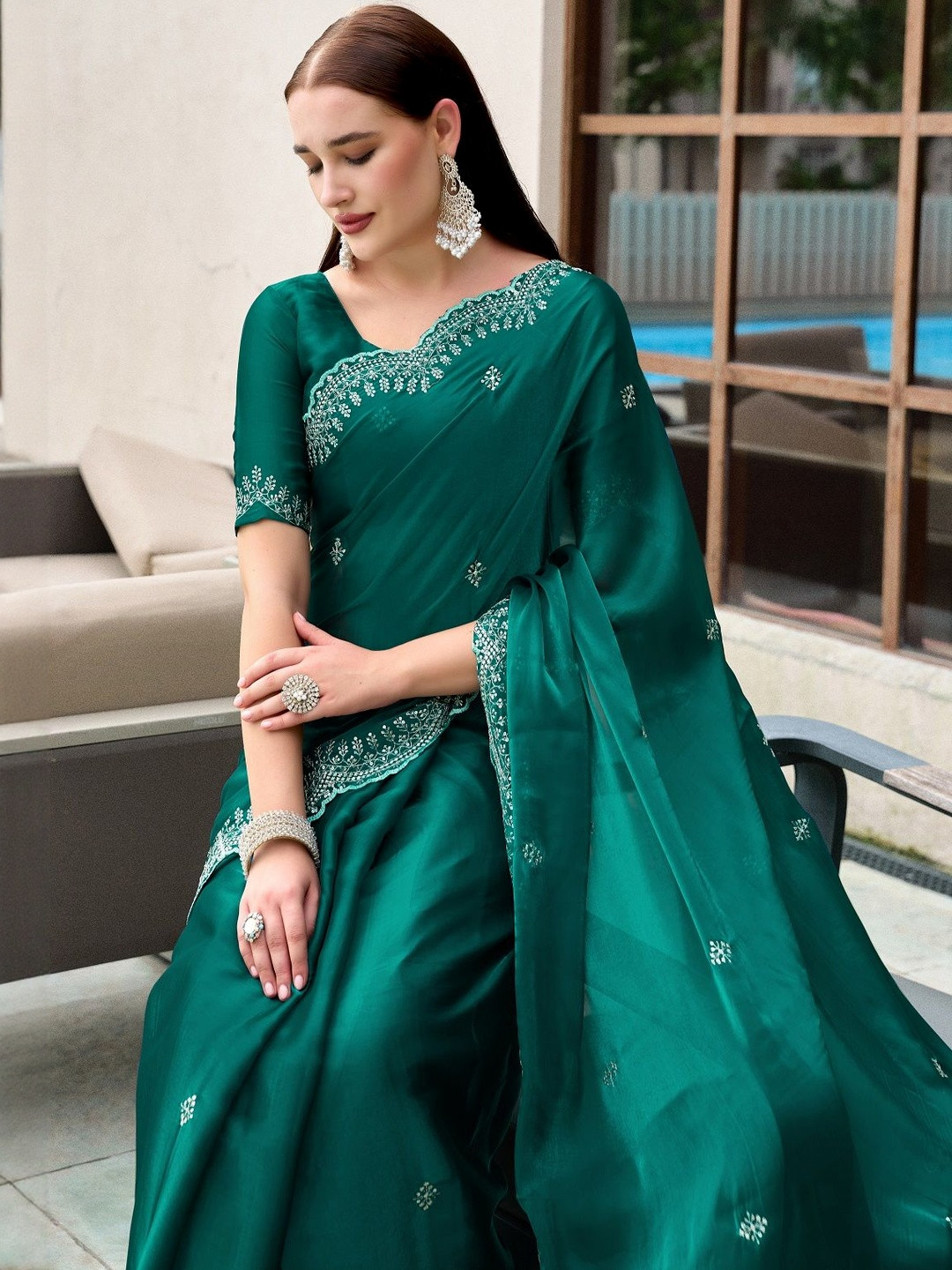 Suha Green Floral Poly Chiffon Saree
