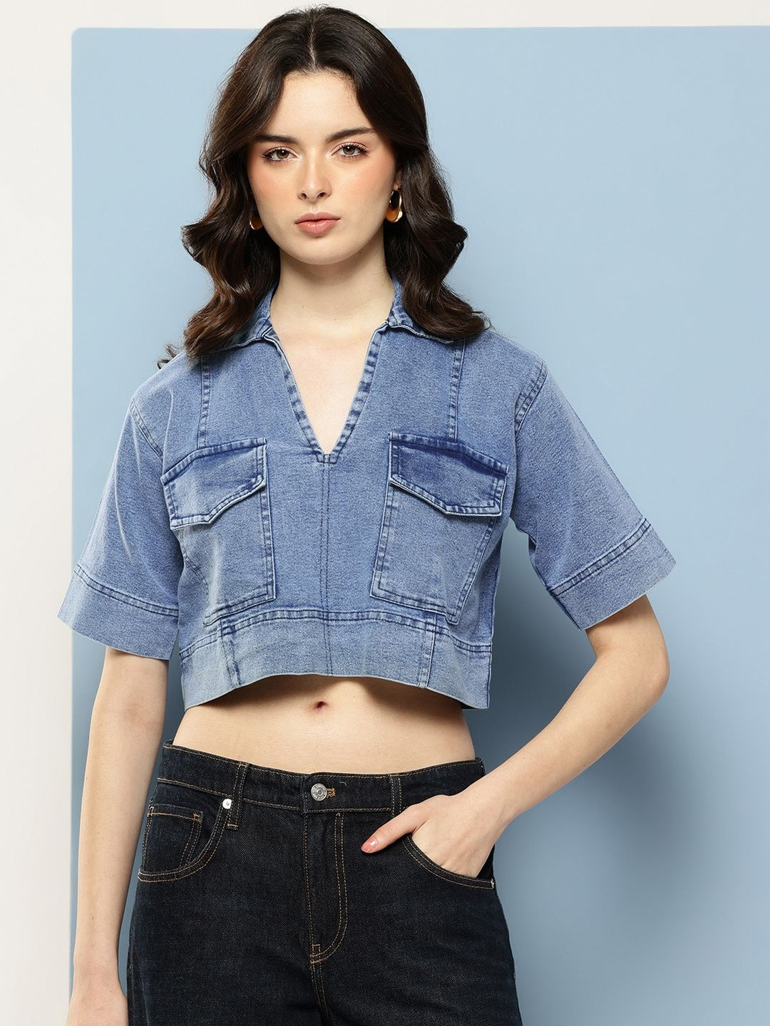 BAESD Women Solid Utility Pockets Crop Tops