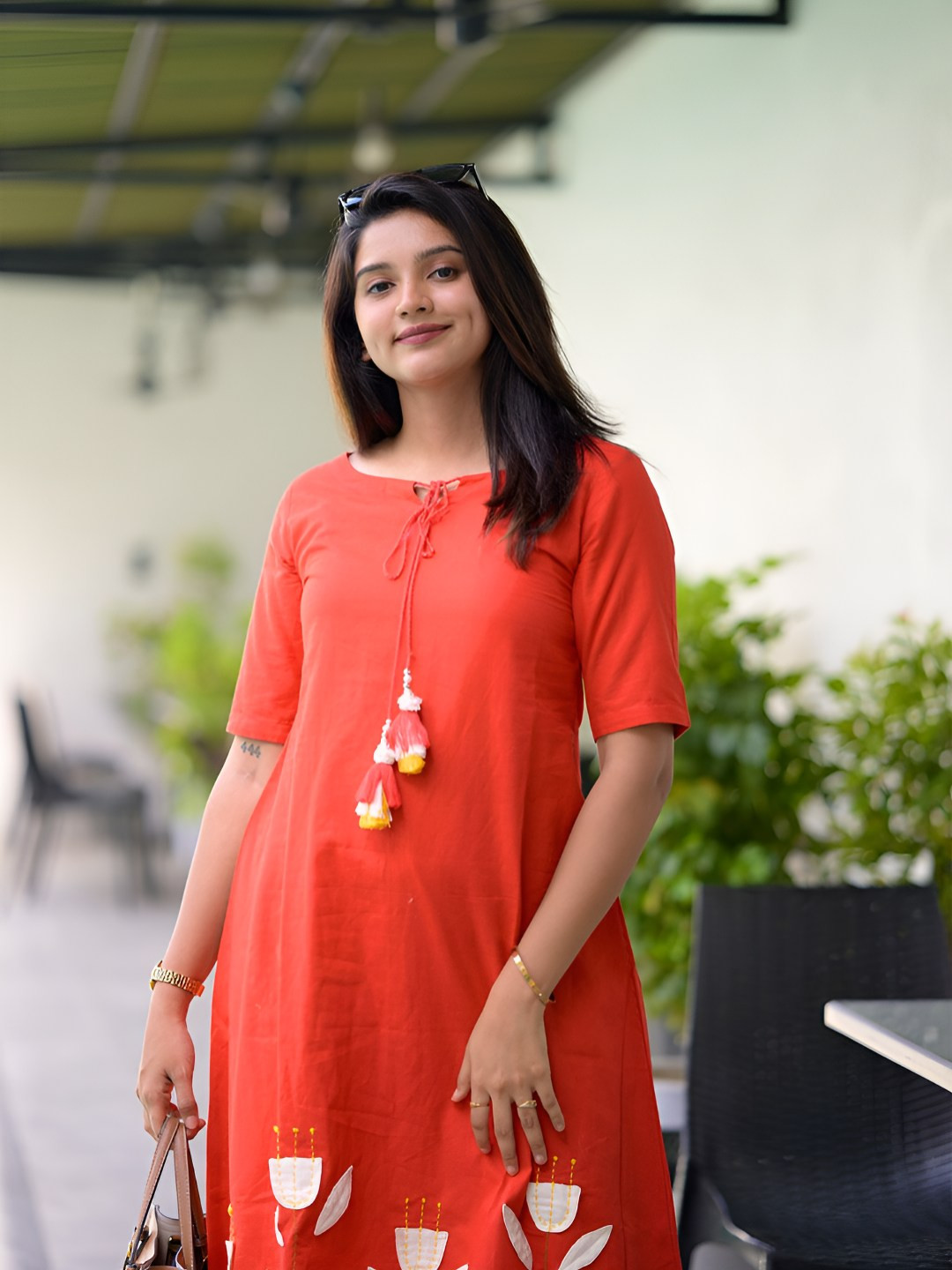 Vastara the Label Floral Applique Work Tie-Up Neck Kurta With Trouser