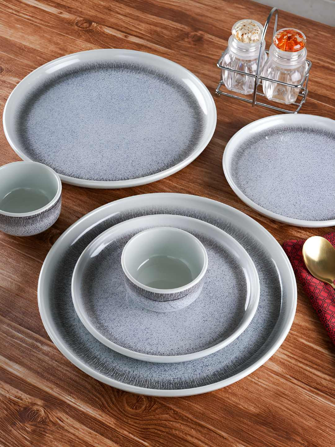 Aura White & Grey 18 Pieces Textured Melamine Dishwasher and Microwave Safe Dinner Set