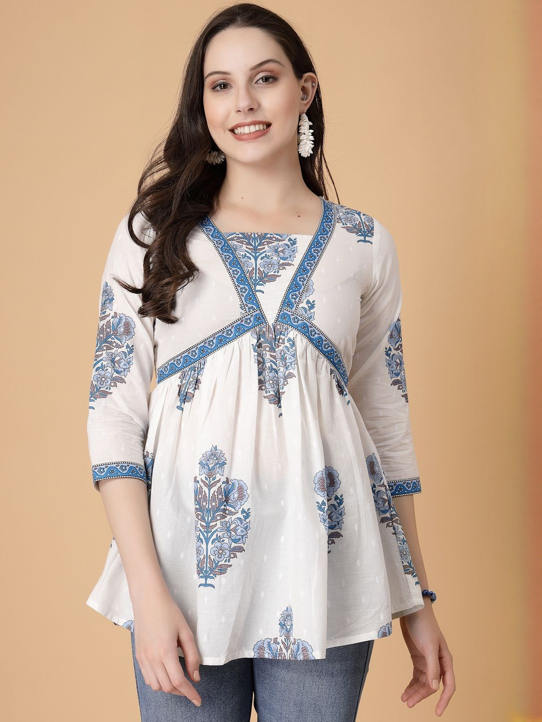 God Bless Women Ethnic Motifs Printed Square Neck Cotton Aliya Cut Peplum Regular Top