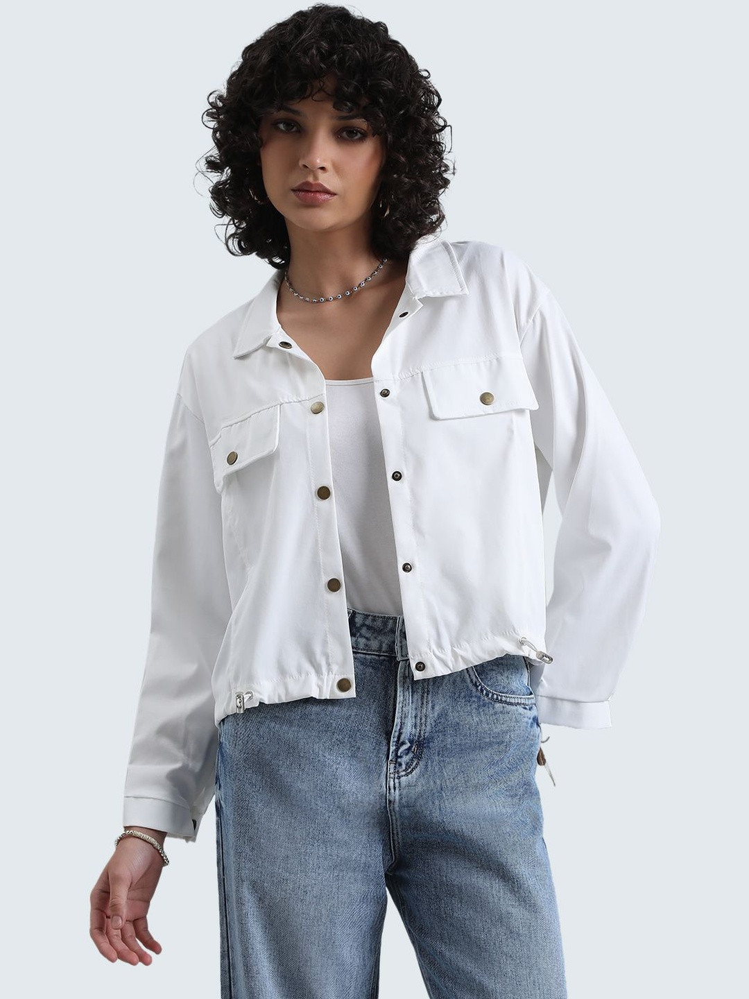 SHOWOFF Women White Spread Collar Solid Long Sleeves Open Front Crop Jacket