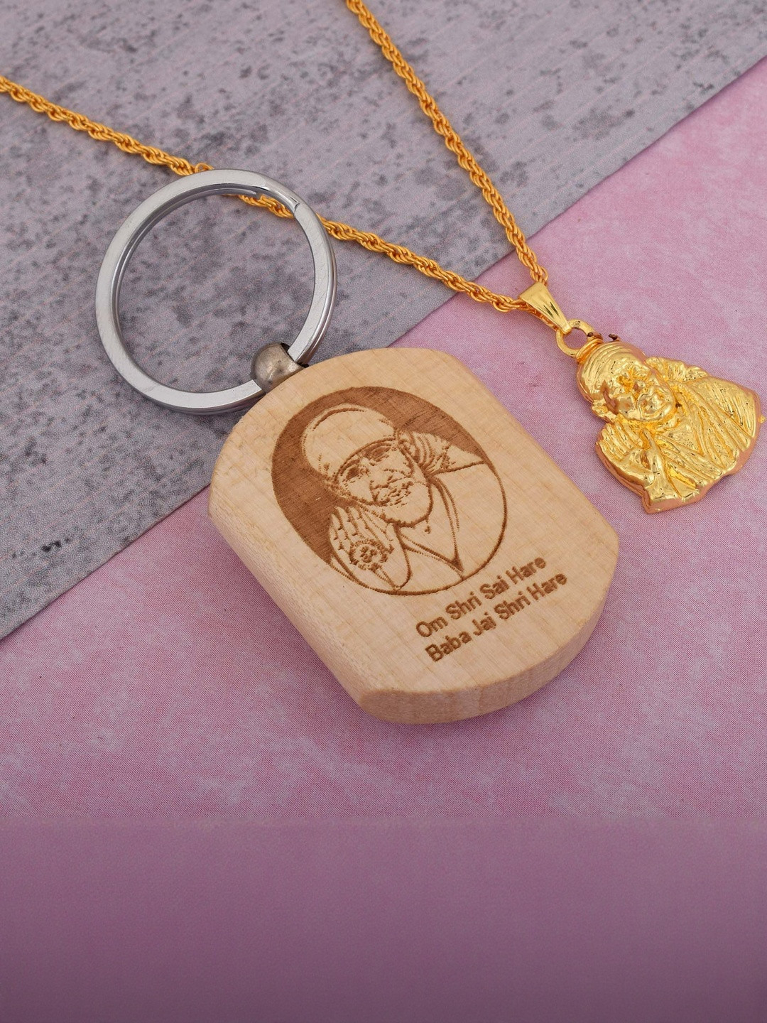 DZINETRENDZ Gold-Plated  Shirdi Sai Baba Pendant With Chain And key Chain
