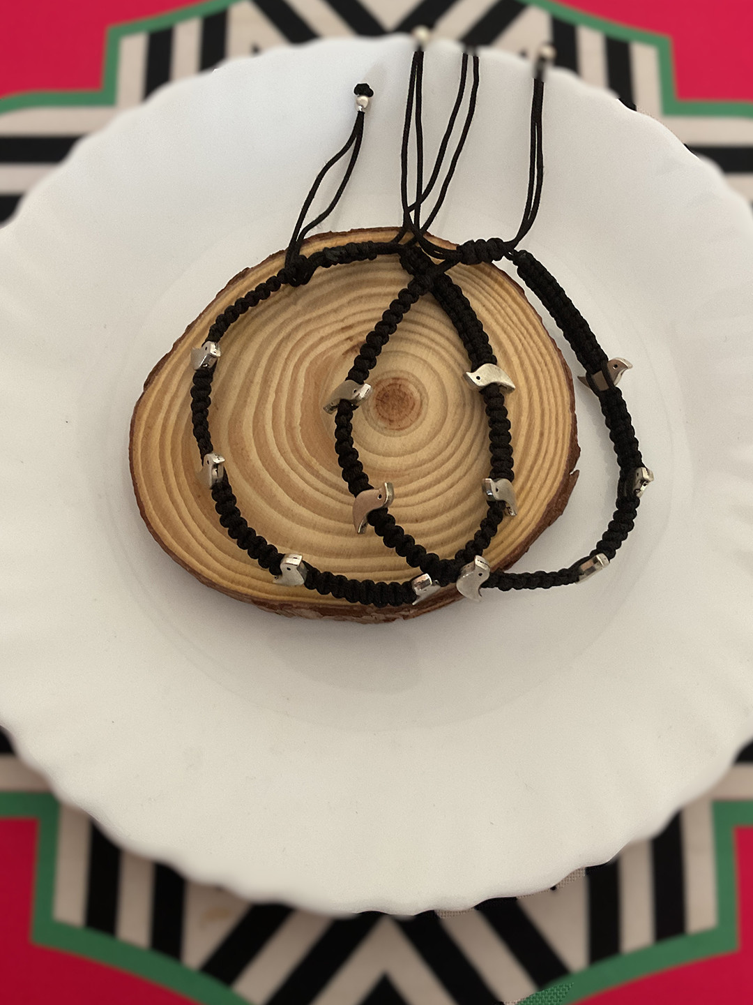 MOHATI Women Brass Bird silver plated black macrame pair of anklets