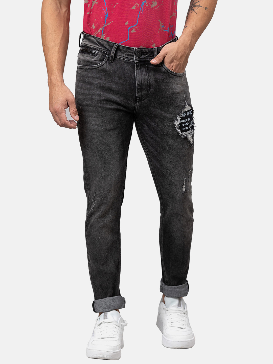 Being Human Men Typography Print Low-Rise Ripped Light Fade Stretchable Slim Fit Jeans