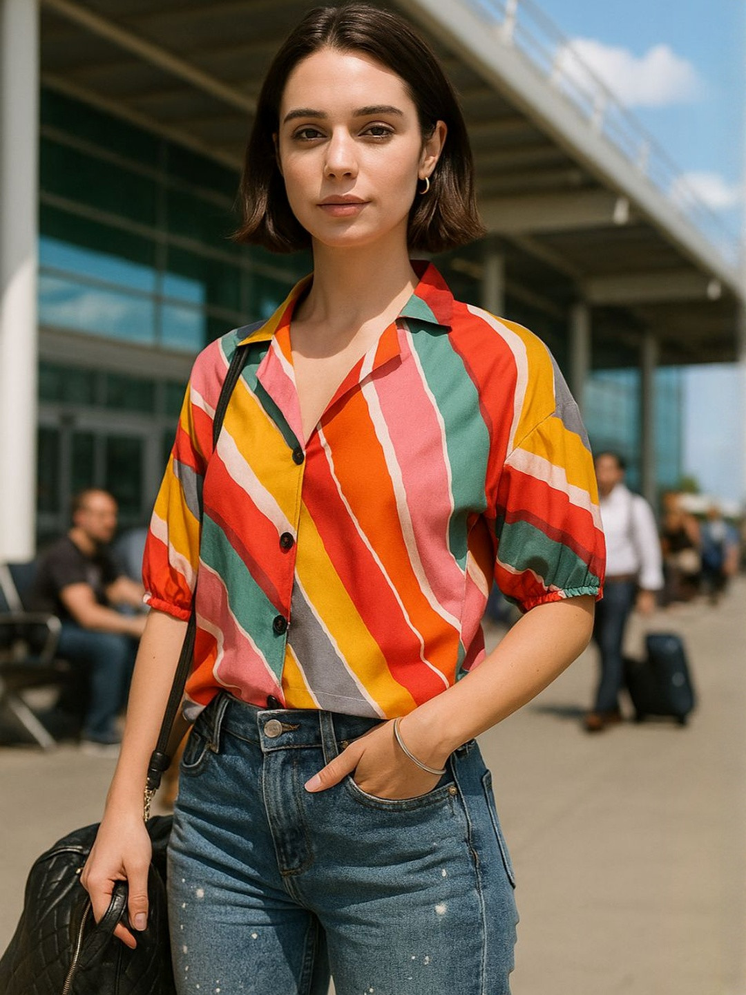 DressBerry Women Peach & Green Striped Puff Sleeves Polyester Casual Crop Boxy Shirt