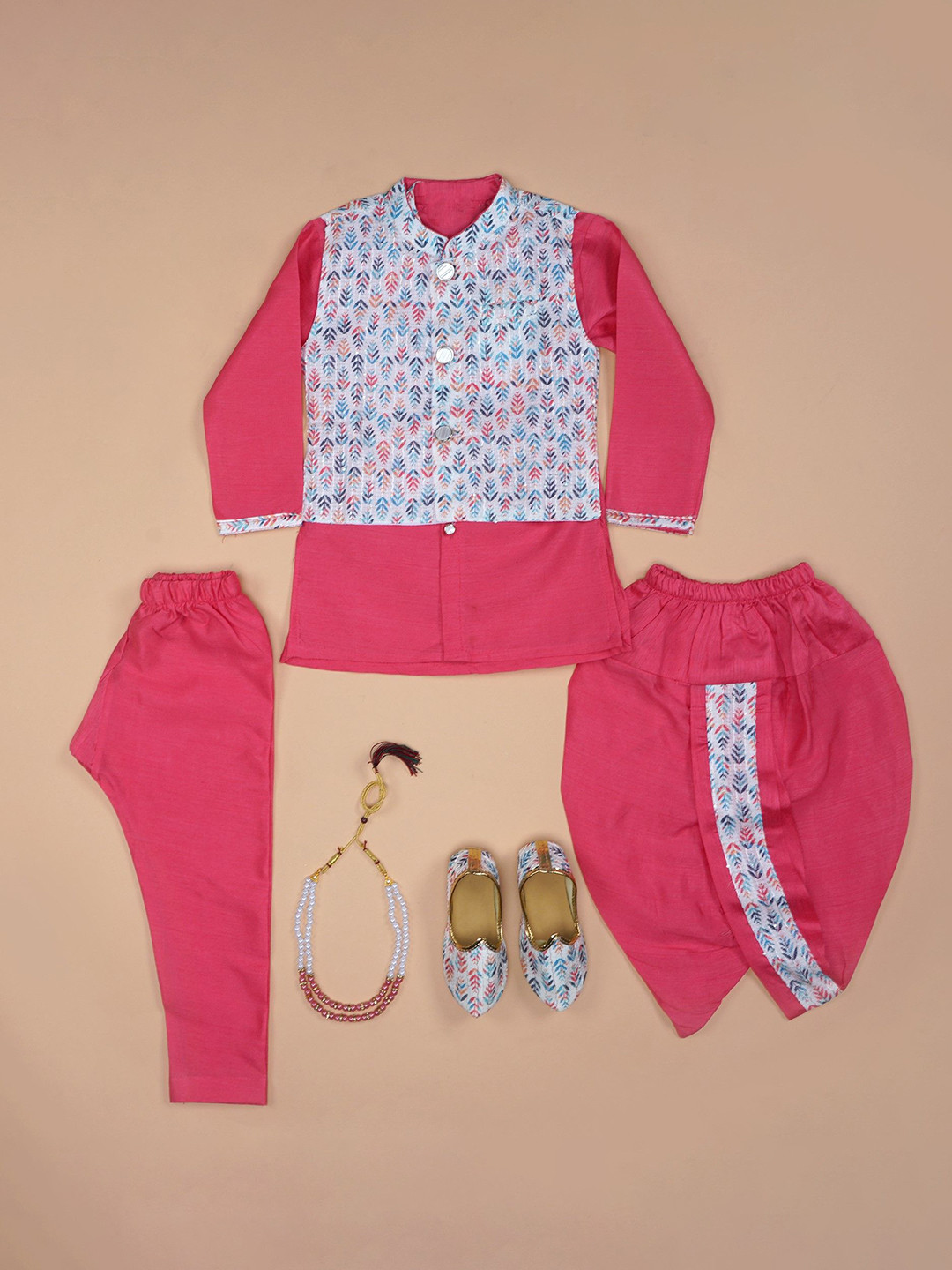BAESD Boys Embroidered Kurta With Dhoti Pants & Pyjama-Waistcoat-Mojari & Mala