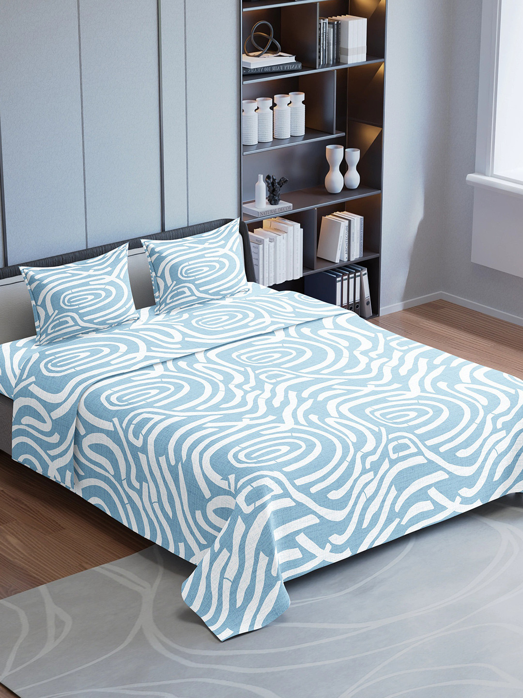 Synergized Cotton Horizon Blooms Blue Abstract Cotton Breathable 225 TC King Fine Bedsheet with 2 Pillow Covers-108 x 108 inches