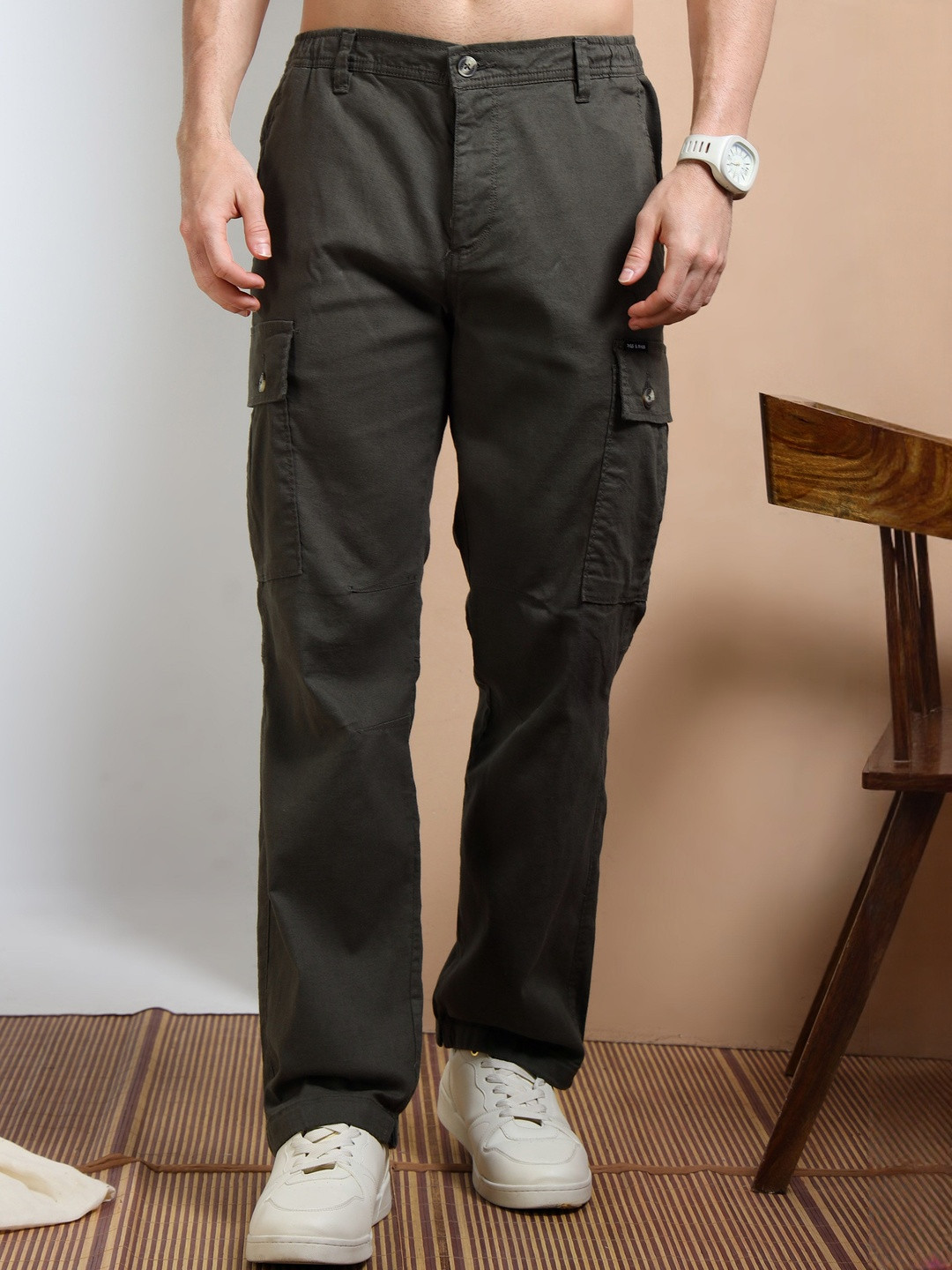 RIGS AND RAGS Asthetic Men Smart Loose Fit Cargos Trousers