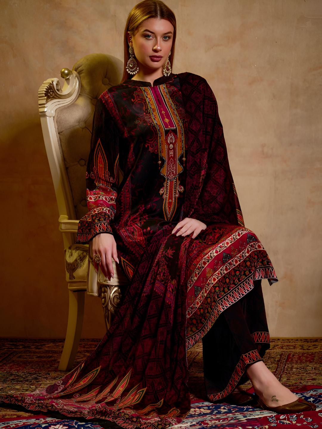 THE BARI Floral Printed Kurta With Palazzos & Dupatta