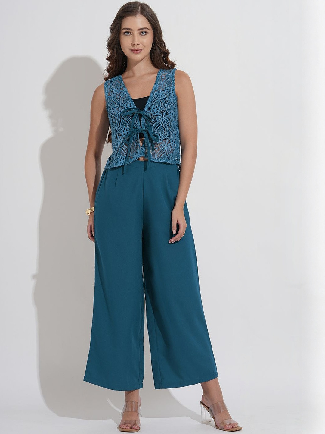 Murcia Women Teal Embellished Polyester Top & Trousers