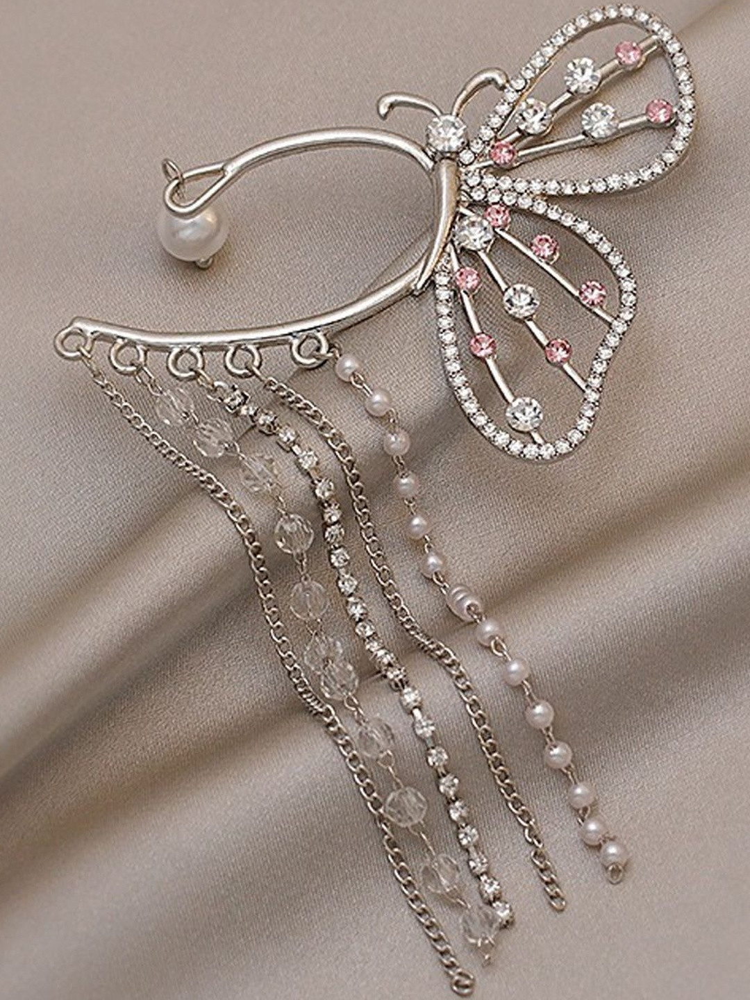 FIMBUL Silver-Plated Stones Studded & Beaded Long Chain Tassels Butterfly Design Ear Cuff