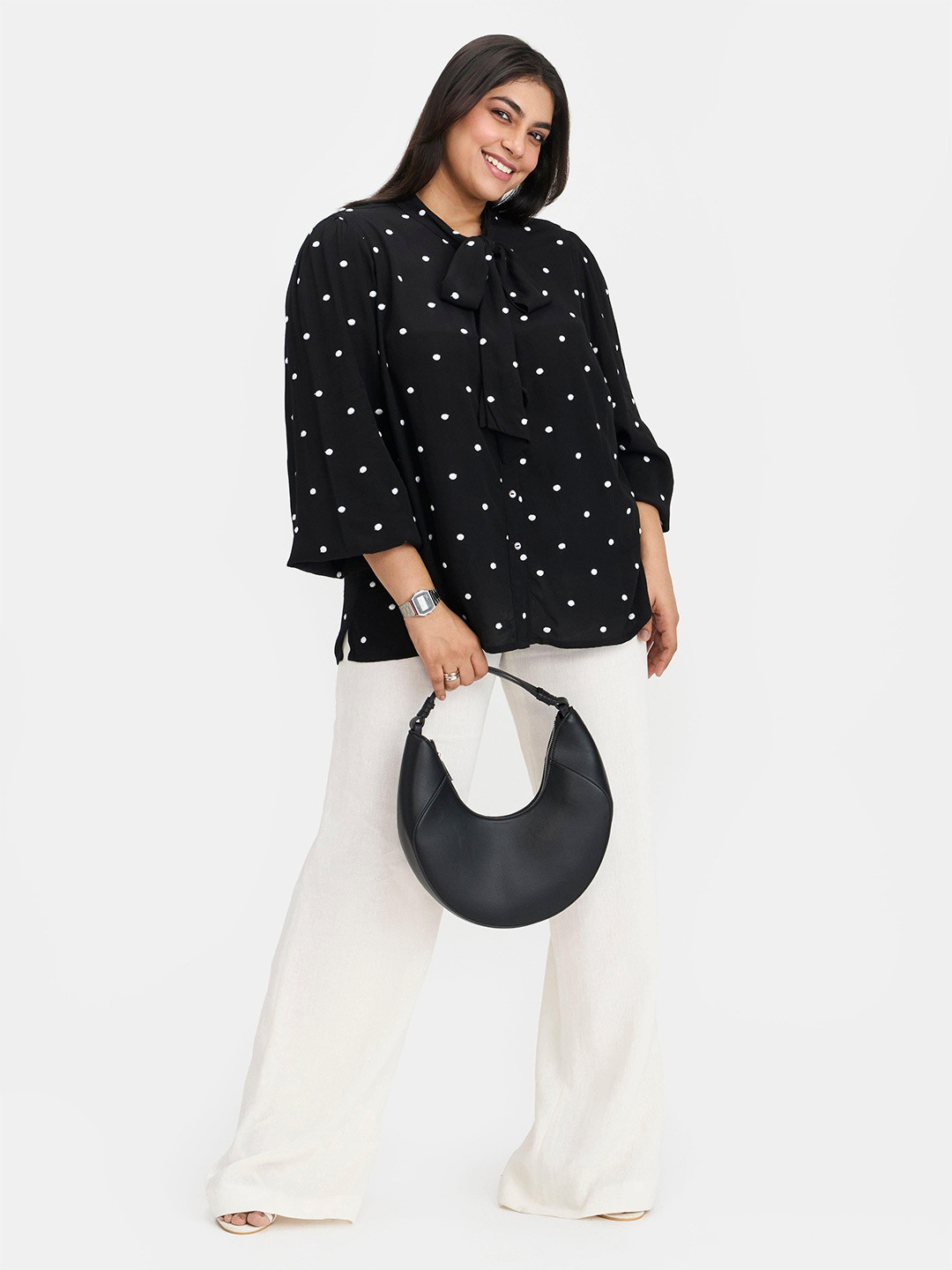 Virgio Plus Size Women Polka Dots Tie-Up Neck Printed Long Sleeves Regular Tops