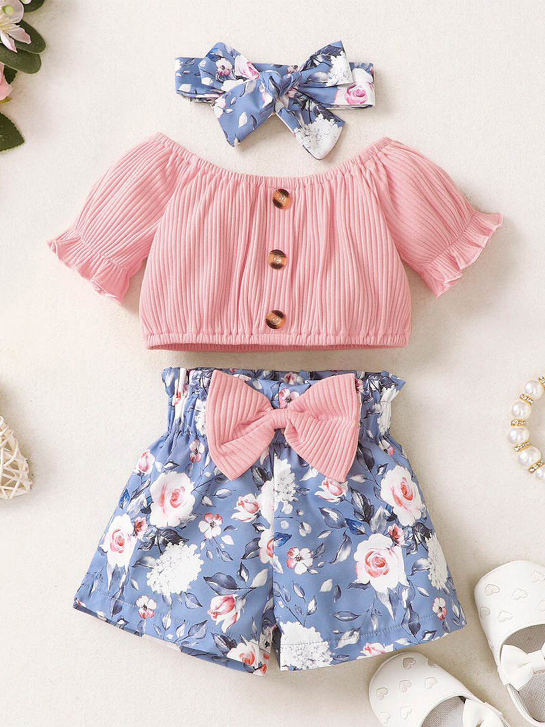 Porpy Girls Self Design Off-Shoulder Top With Shorts