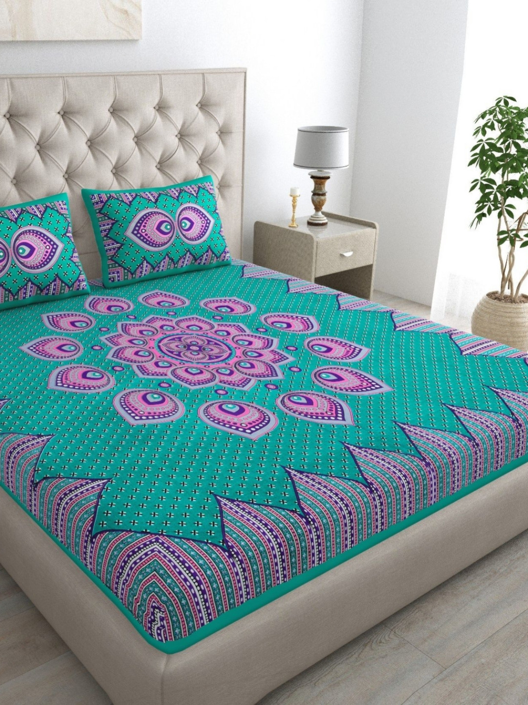 KD PRINTS Teal & Purple Floral 180 TC Bedsheet Set 76.2 m