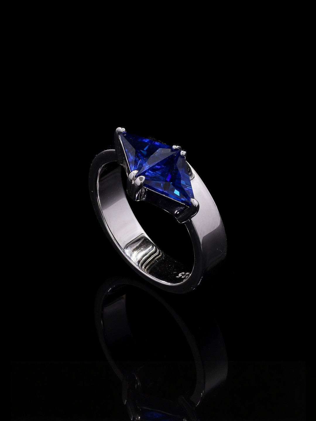 Twenty One Jewels Women Silver Blue Sapphire Trillion Solitaire Ring