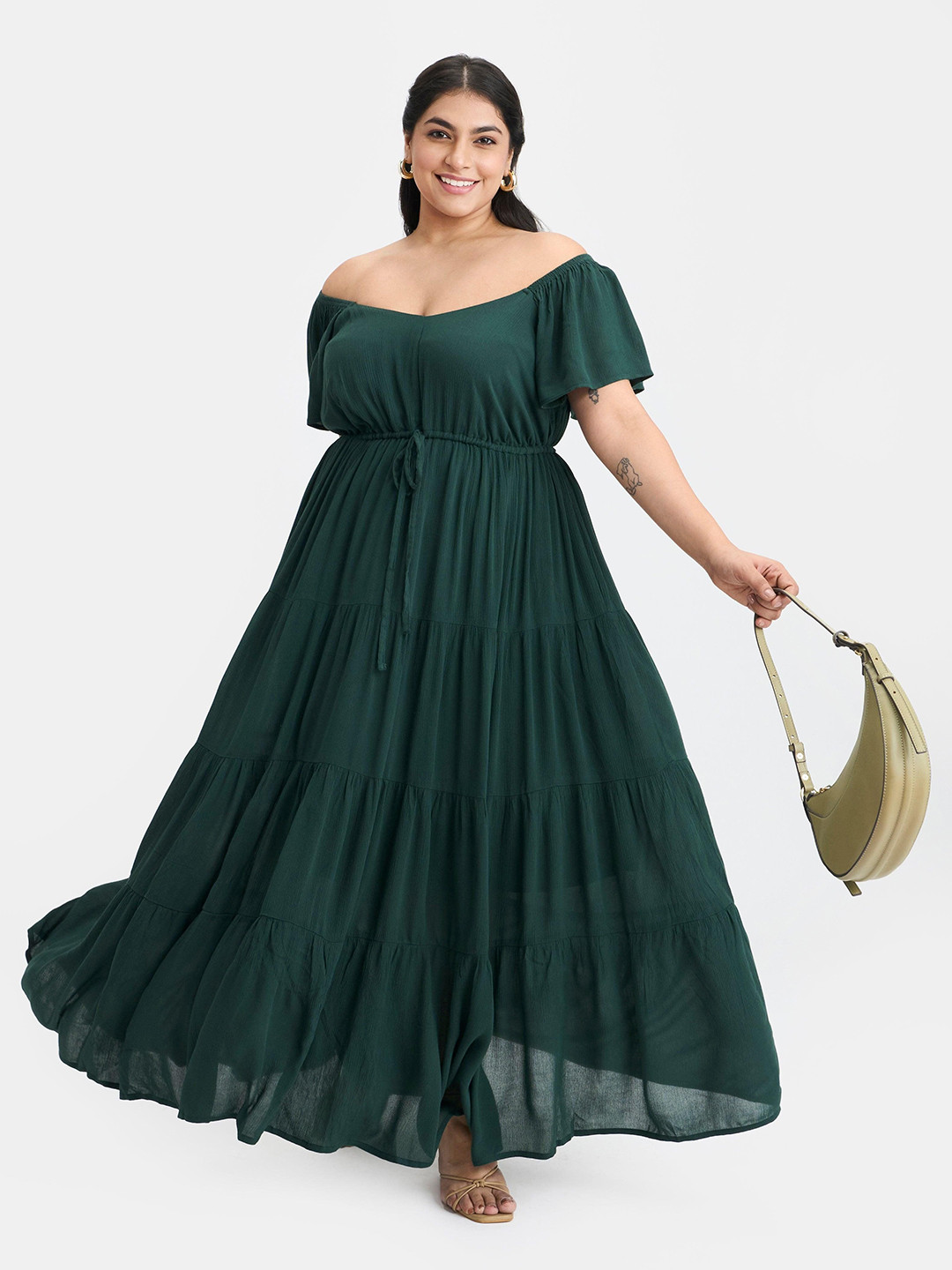 Virgio Plus Size  Women Lace-Up Tiered Sweetheart Neck Maxi Dress