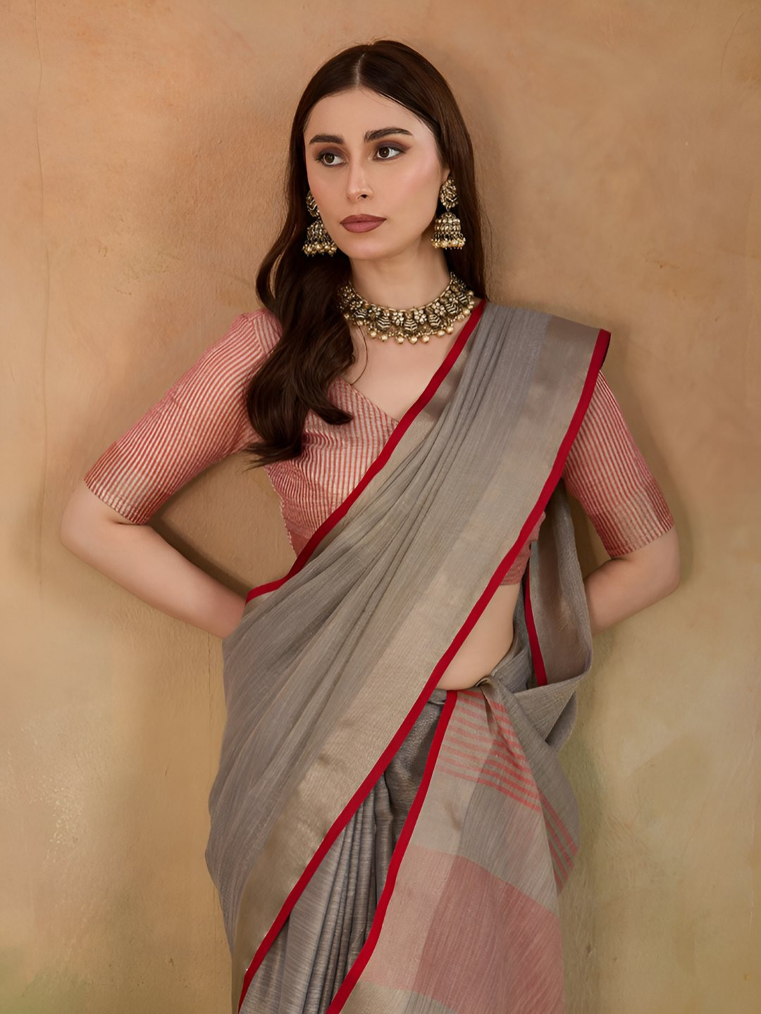 VASTRA-THE FACTORY STORE Woven Zari Border & Striped With Red Piping Tissue Saree