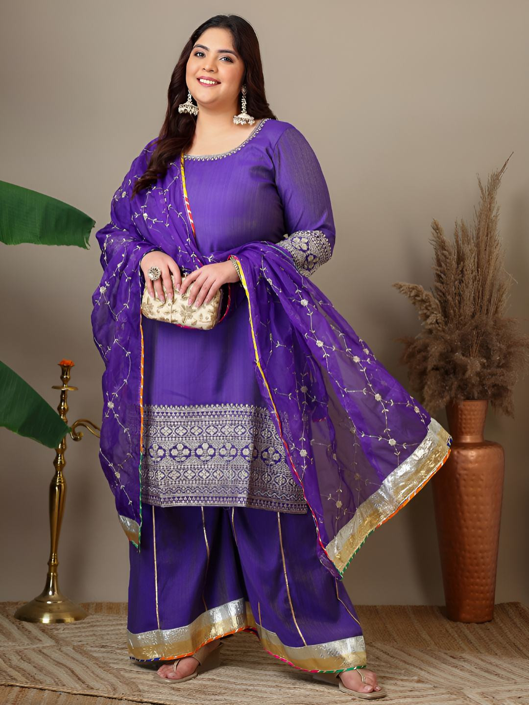 INDDUS PLUS Women Plus Size Ethnic Motifs Embroidered Kurta with Sharara & Dupatta