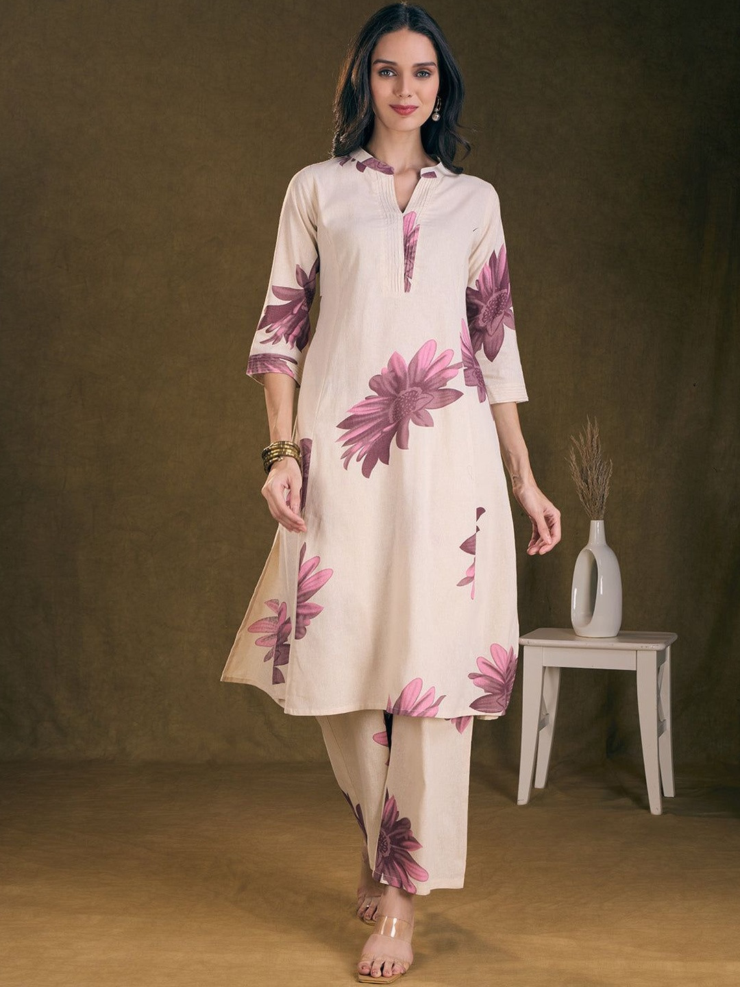 FASHOR Floral Printed A-Line Paneled Cotton Flax Co-ord Set