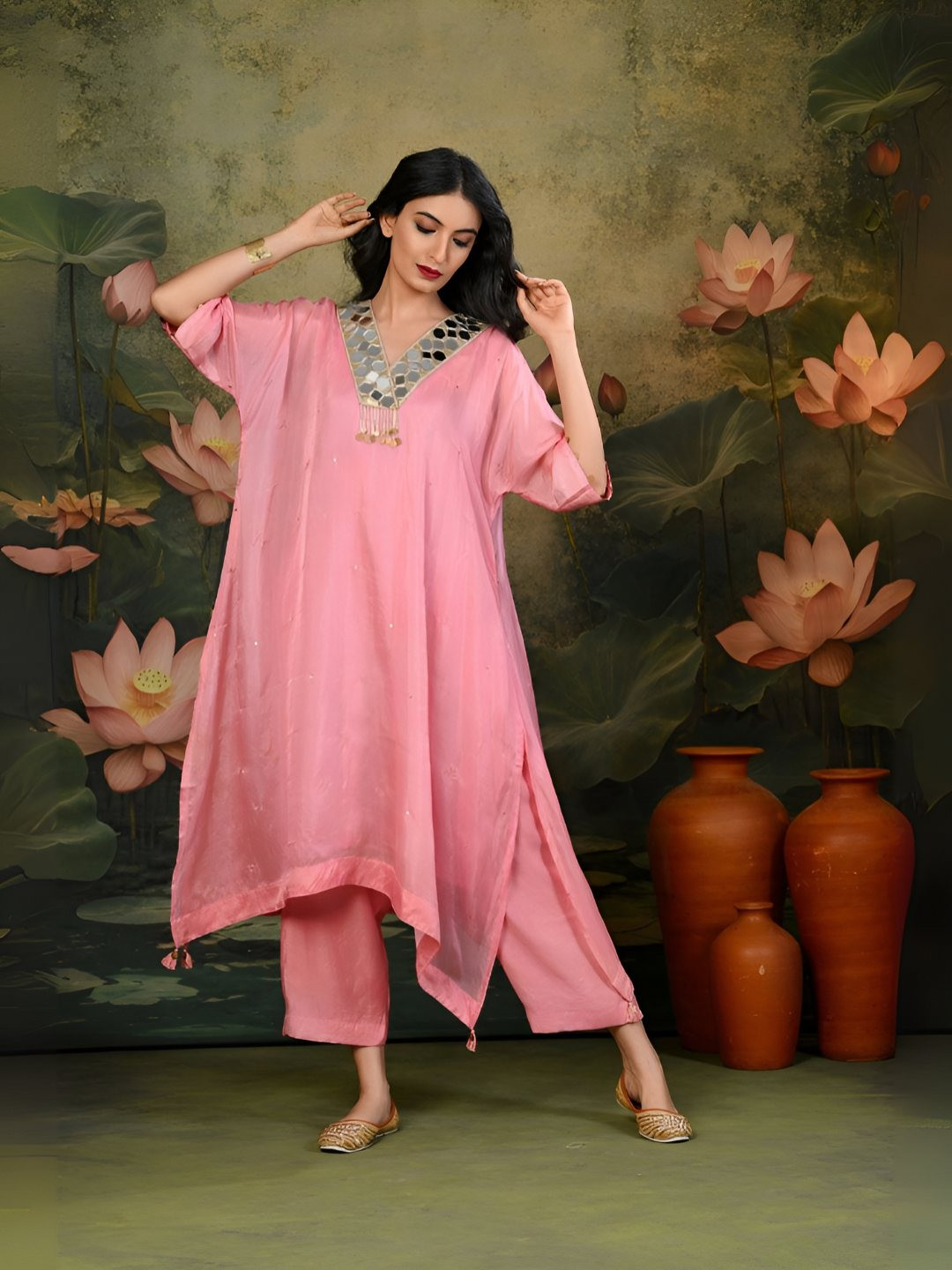 SHOP GULMOHAR V-Neck Mirror Work Pure Silk Kurta With Palazzos