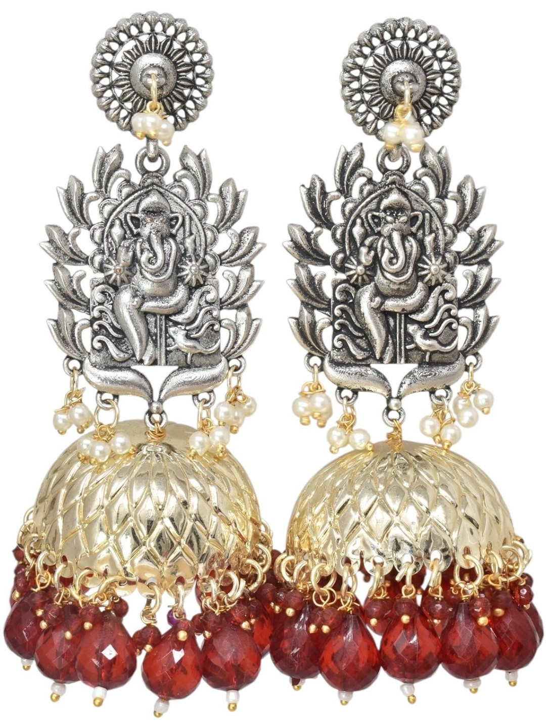 MEIRA JEWELLERY German Silver-Plated Stones Studded & Beaded Temple Dome Shaped Jhumkas