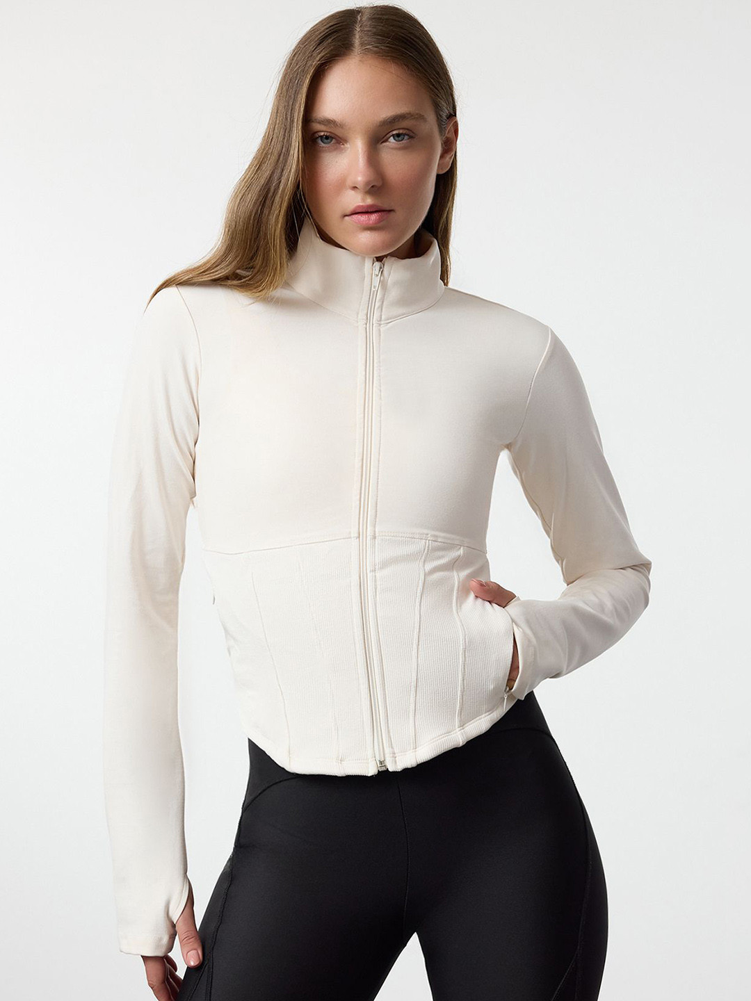 Trendyol Women Mock Collar Self Design Sporty Jacket