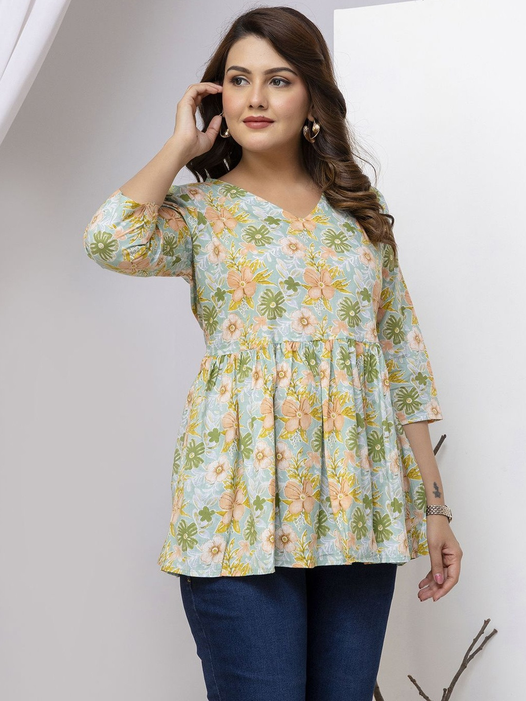 NISHABD Women Floral Printed Cotton Peplum Top