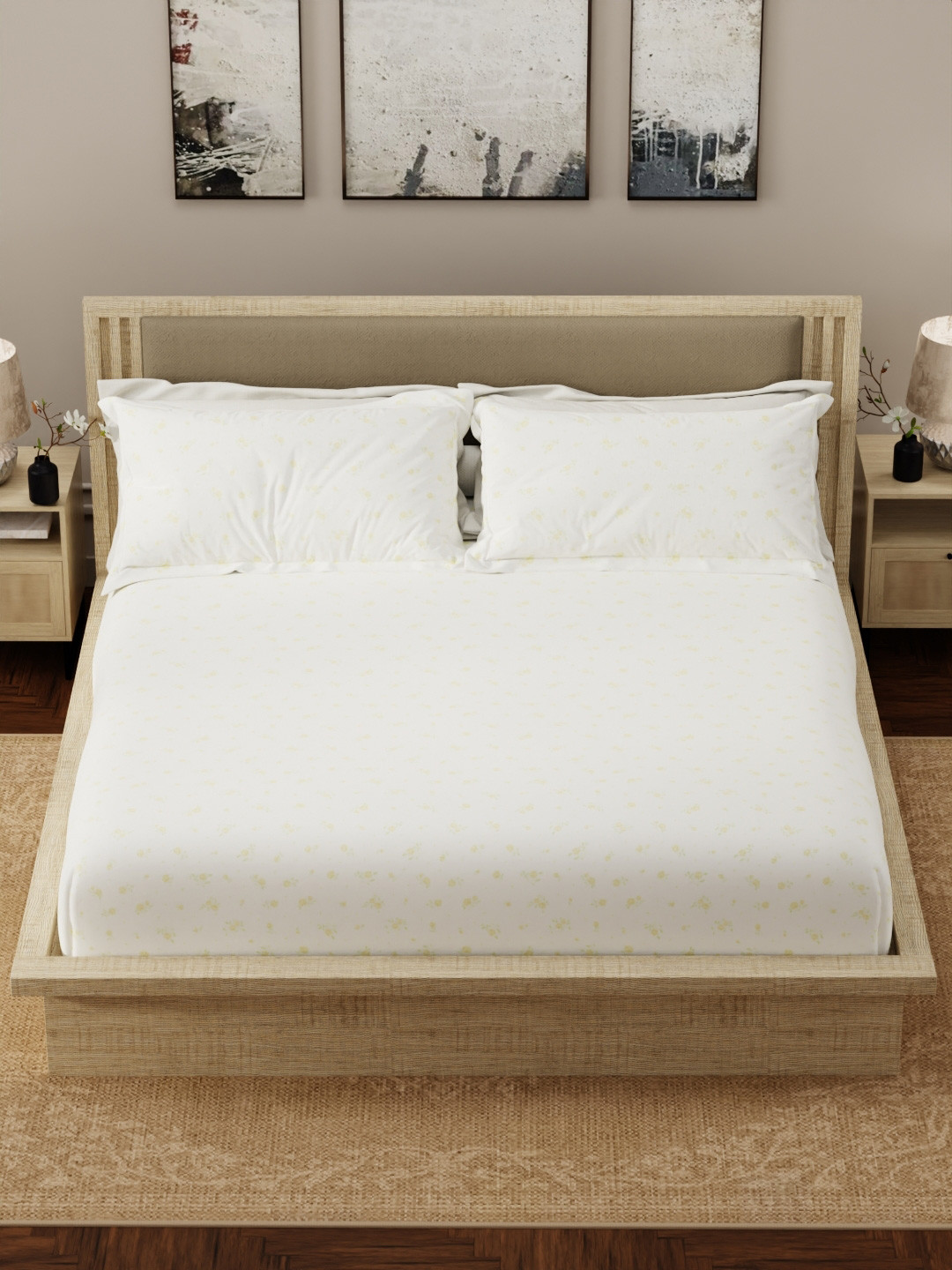 Boutique Living India Nature Bouquet White Printed Cotton 300TC King Bedsheet 2.74 x 2.74m