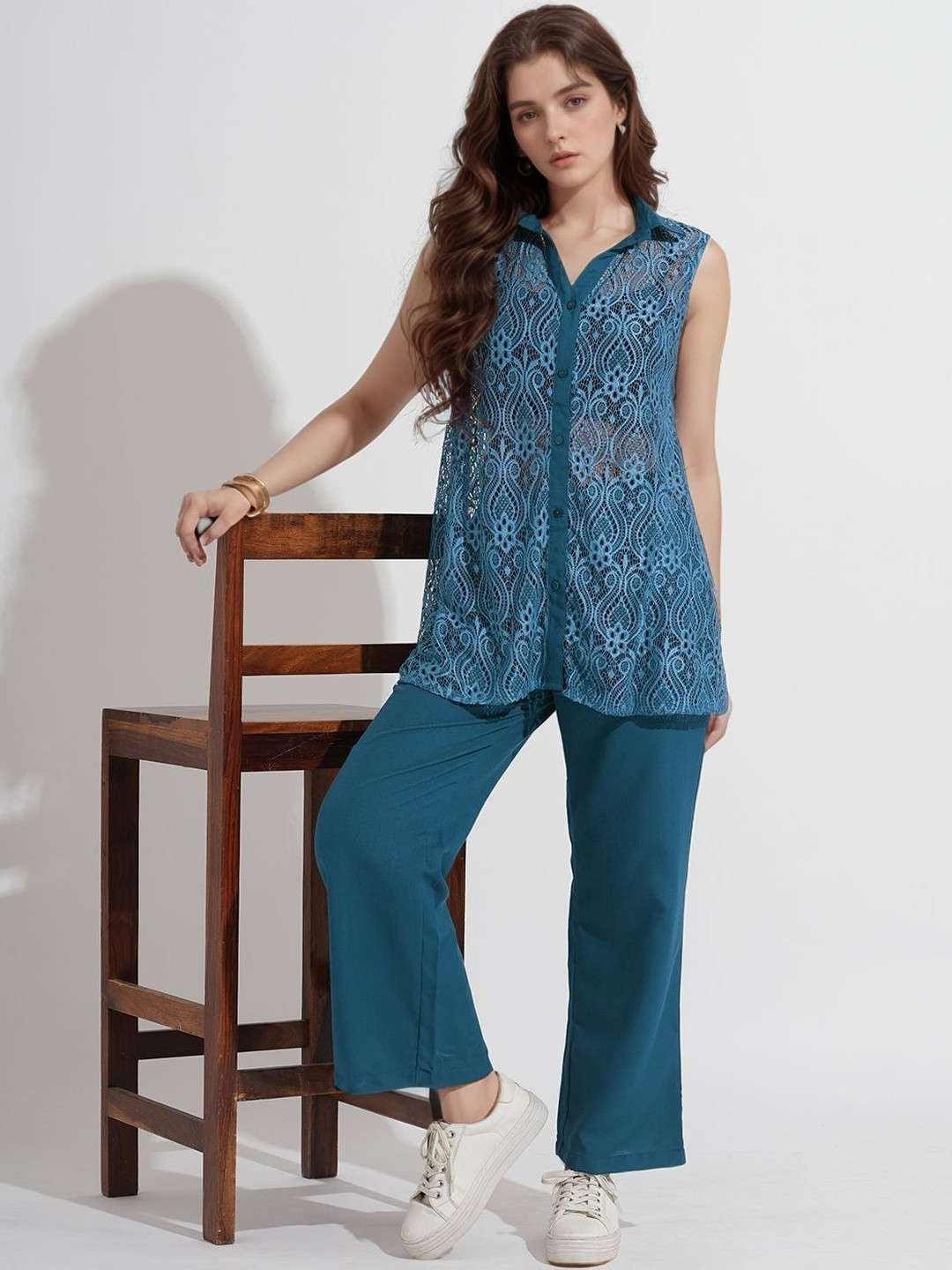 DressBerry Women Teal Embellished Sheer Shirt & Trousers Co-Ord Set